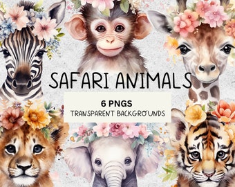 Safari Baby Animals Watercolour Clipart PNGs For Digital Crafting Paper Crafts Cute Clipart Flower Crown Safari Animals Clipart Graphics