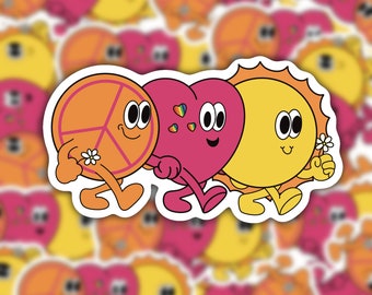 Peace, Sun,Heart, Flower 1970s Retro Sticker Peace and Love