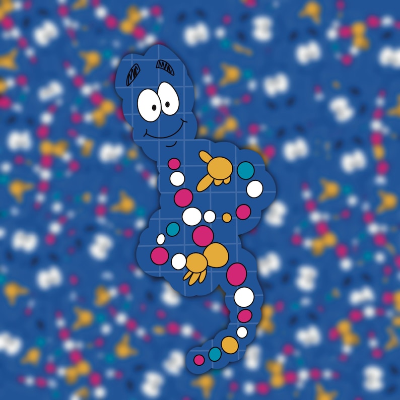 May include: A whimsical, blue cartoon character with a grid pattern, featuring a smiling face and colorful polka dots. The character has two small, yellow, wing-like shapes. The background is a blurred pattern of various shapes and colors.