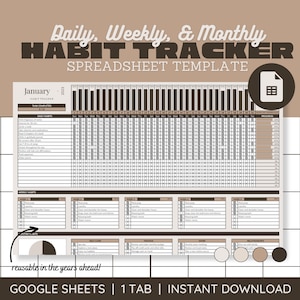 Habit Tracker Google Sheets, Daily Habit Tracker, Weekly Habit Tracker, Monthly Habit Tracker, Spreadsheet Template, Digital Planner Neutral