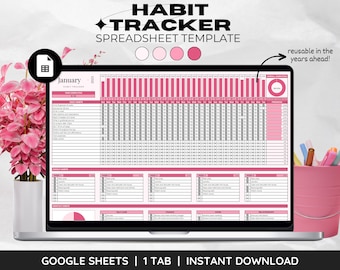 May include: A laptop screen displaying a Google Sheets spreadsheet template for a habit tracker. The spreadsheet is pink and white and includes a calendar, a list of habits, and a progress chart. The text on the screen reads "January 2023" and "Habit Tracker Spreadsheet Template".