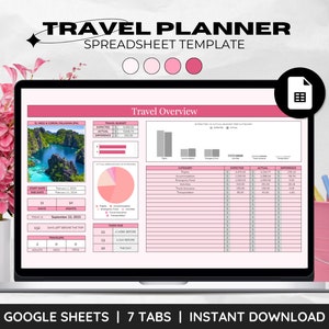 Reiseplaner Google Sheets mit Budget & Spesen Tracker, Packliste, täglicher Reiseverlauf, Urlaubs Urlaubs Tabelle Vorlage Pink