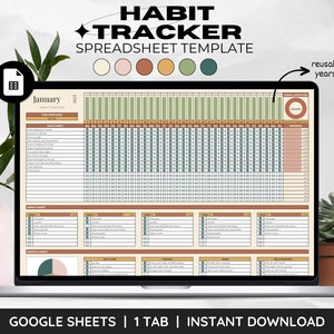 Habit Tracker Spreadsheet Template for Google Sheets, Daily Habit, Weekly Habit, Monthly Habit, Goal Tracker Routine Boho Digital Planner