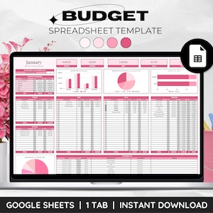 May include: A pink and white Google Sheets spreadsheet template for budgeting. The template includes a tab for January, with sections for income, expenses, and a breakdown of spending by category. The spreadsheet also includes charts and graphs to visualize spending patterns.