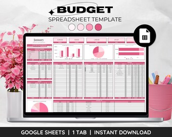 Pode incluir: Um modelo de planilha Google Sheets rosa e branco para orçamento. O modelo inclui uma guia para janeiro, com seções para renda, despesas e uma análise das despesas por categoria. A planilha também inclui gráficos e diagramas para visualizar os padrões de gastos.