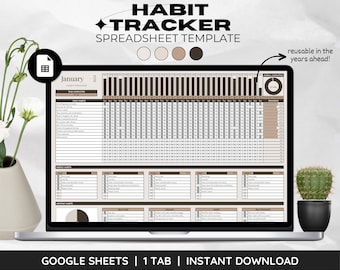May include: A laptop screen displaying a Google Sheets spreadsheet template for a habit tracker. The spreadsheet is titled "Habit Tracker" and is designed for the month of January 2023. The template includes sections for daily, weekly, and monthly habits, as well as a progress chart. The text "reusable in the years ahead!" is visible in the top right corner of the screen.