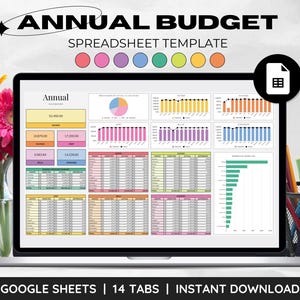 May include: A laptop computer screen displaying a spreadsheet template for an annual budget. The spreadsheet has 14 tabs and is designed for use with Google Sheets. The template includes a variety of charts and graphs to help users track their income and expenses.
