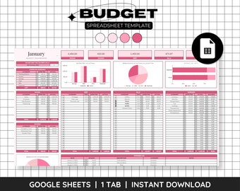 Pode incluir: Um modelo de planilha de orçamento rosa e branco para Google Sheets. O modelo inclui um painel com gráficos e diagramas para acompanhar a renda, as despesas e as economias. O modelo foi projetado para ajudar os usuários a gerenciar suas finanças e atingir seus objetivos financeiros.