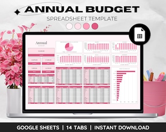 Annual Budget Spreadsheet Google Sheets, Monthly Digital Finance Planner Template, Personal Family Budget, Summary Dashboard Pink Coquette