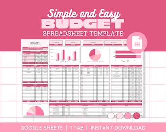 Pode incluir: Um modelo de folha de cálculo rosa e branco com as palavras "Simple and Easy BUDGET SPREADSHEET TEMPLATE" no topo. O modelo inclui gráficos e tabelas para o acompanhamento das finanças. O texto "GOOGLE SHEETS | 1 TAB | INSTANT DOWNLOAD" está na parte inferior.