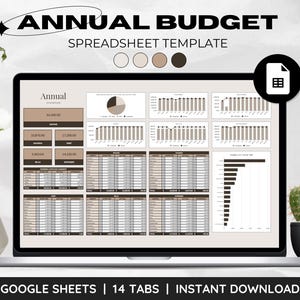 May include: A computer screen displaying a spreadsheet template for an annual budget. The spreadsheet is titled "Annual" and has 14 tabs. The template includes charts and graphs to help visualize financial data. The text "GOOGLE SHEETS | 14 TABS | INSTANT DOWNLOAD" is displayed at the bottom of the screen.