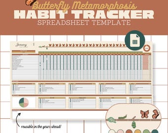 May include: A digital habit tracker spreadsheet template titled "Butterfly Metamorphosis" with a butterfly graphic. The spreadsheet is designed for Google Sheets and includes the text "January". The design includes a butterfly life cycle graphic and the text "reusable in the years ahead!"