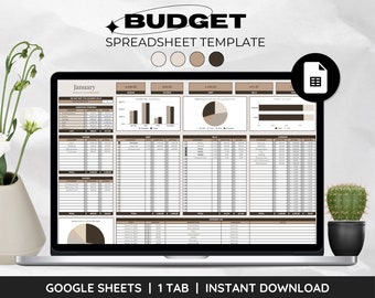 Pode incluir: Um computador portátil exibindo um modelo de planilha do Google Sheets para orçamento. A planilha é intitulada "Painel de controle do orçamento de janeiro" e inclui seções para renda, despesas e uma análise detalhada dos gastos por categoria. O modelo é projetado em um estilo minimalista com um esquema de cores marrom e bege.