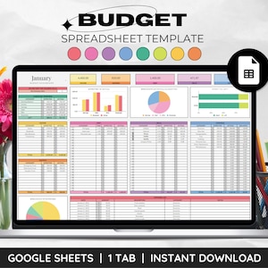 May include: A laptop screen displaying a Google Sheets spreadsheet template for budgeting. The spreadsheet is titled "January" and includes various charts and tables for tracking income and expenses. The spreadsheet is colorful and visually appealing, with a variety of colors used for different categories. The text "BUDGET SPREADSHEET TEMPLATE" is displayed at the top of the screen. The text "GOOGLE SHEETS | 1 TAB | INSTANT DOWNLOAD" is displayed at the bottom of the screen.