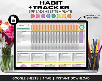 May include: A Google Sheets spreadsheet template for tracking habits. The template is titled "Habit Tracker" and features a colorful design with a calendar layout for January 2023. The template includes sections for daily, weekly, and monthly habits, as well as a progress tracker. The text "reusable in the years ahead!" is included in the image.