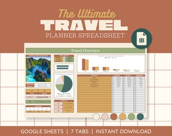 May include: A digital spreadsheet template for planning a trip. The spreadsheet has tabs for travel overview, budget, packing list, itinerary, and more. The spreadsheet is designed in a minimalist style with a brown, orange, and green color scheme. The text "The Ultimate Travel Planner Spreadsheet" is at the top of the image.