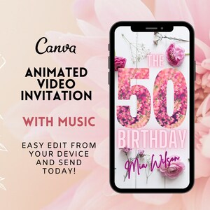 Personalisierte animierte Einladungskarte zum 50. Digitale Einladung zum 50. Geburtstag mit Musik. Elektronisch bearbeitbare Vorlage