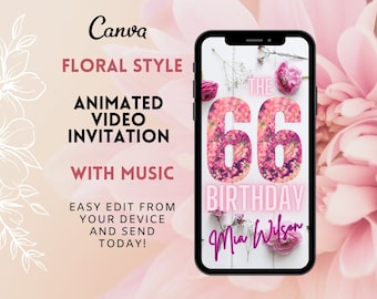 Personalized 66th Birthday Video Invitation, Pink Floral (Digital Template)