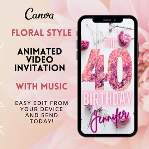 Invitación de video personalizada y animada para 40 cumpleaños con flores rosas. Invitación digital para 40 cumpleaños con música. Plantilla electrónica editable