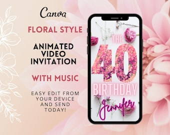 Invitación de cumpleaños número 40 personalizada con video animado y flores rosas. Invitación digital de cumpleaños número 40 con música. Plantilla electrónica editable.