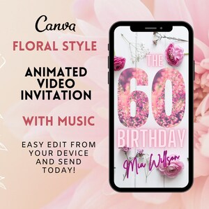 Animated 60th Birthday Video Invitation, Digitally 60th Birthday Party Invitation, With Music, Text Invitation, Electronic Editable Template