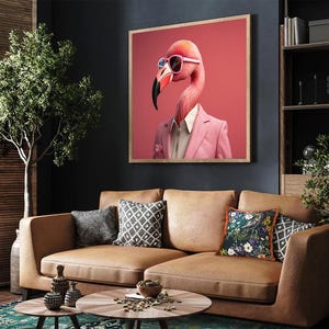 Flamingo in a Suit Wall Art – Quirky Animal Portrait, Funny Office Decor, Flamingo with Sunglasses Digital Download, Cool Business Art Print