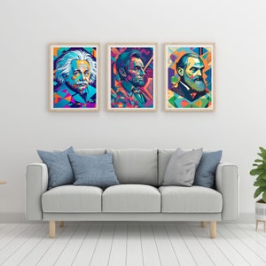 May include: Three framed prints of famous historical figures in a geometric style. The prints are in a living room setting with a gray couch and a plant in the background.
