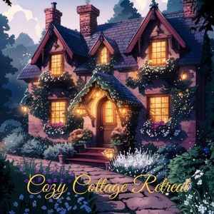 Könnte beinhalten: Ein gemütliches Cottage mit einer Steinfassade und einem Schieferdach. Das Cottage hat eine Veranda mit einer Holztür und Fenstern, aus denen warmes gelbes Licht scheint. Das Cottage ist von üppigem Grün und Blumen umgeben.