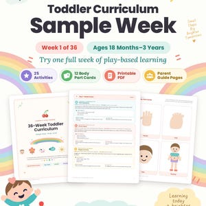 May include: A digital toddler curriculum sample week document featuring the title Cherry's Kids Corner, 25 activities, 12 body part cards, and parent guide pages. The pages include colorful illustrations of a rainbow, a sun, and a cartoon baby.