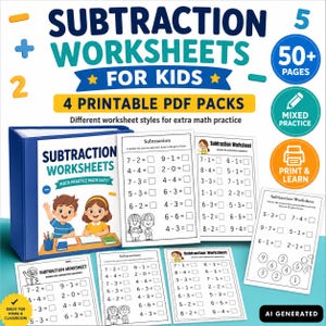 Könnte beinhalten: Ein Set von Subtraktionsarbeitsblättern für Kinder mit einem blauen Ordner und mehreren druckbaren PDF-Seiten. Das Cover zeigt zwei Kinder und den Text Subtraction Worksheets. Die Seiten enthalten Rechenaufgaben mit leeren Feldern.