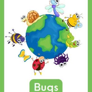 Könnte beinhalten: Eine farbenfrohe Illustration eines Globus, umgeben von Cartoon-Insekten. Zu den Insekten gehören ein Marienkäfer, eine Biene, ein Schmetterling, eine Spinne, eine Schnecke, eine Libelle und eine Raupe. Das Wort "Bugs" steht in einem grünen Rechteck.
