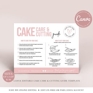 CANVA Cake Care & Cutting Guide Editable Template, Cake Care Printable Card, Cake Serving Instructions, Cake Care Insert PDC001