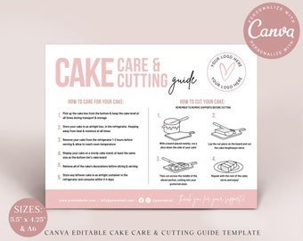 CANVA Cake Care & Cutting Guide Editable Template, Cake Care Printable Card, Cake Serving Instructions, Cake Care Insert PDC001