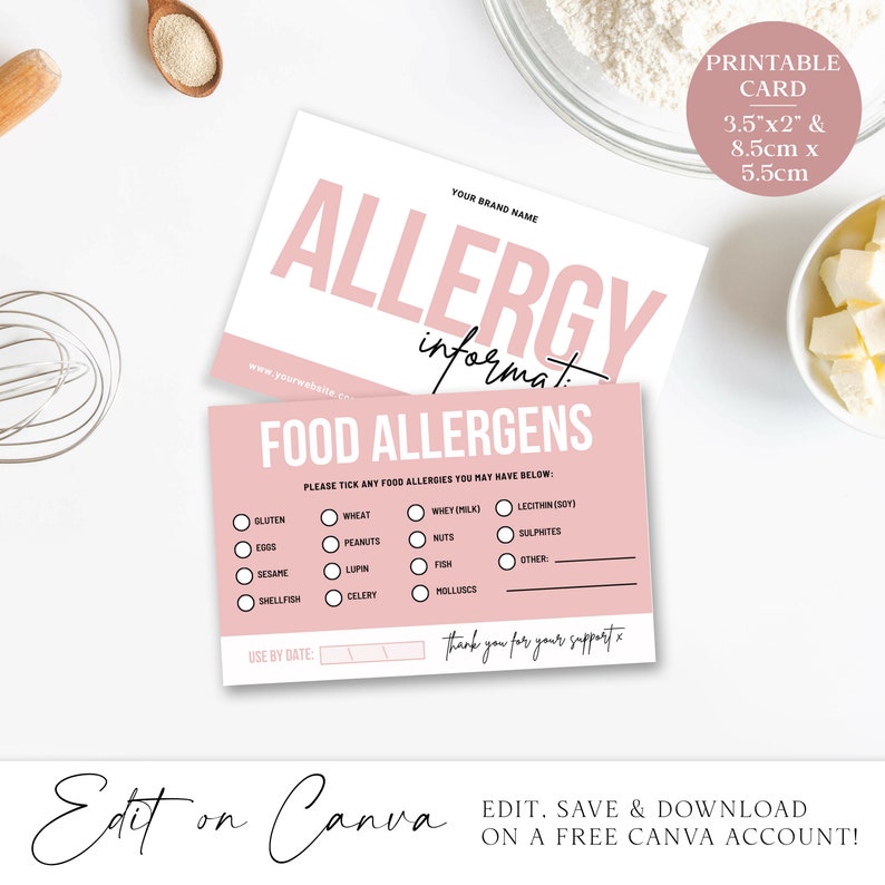 Allergen Card CANVA Editable Template DIY Edit Bakery Allergy - Etsy