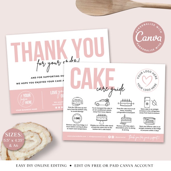 CANVA Cake Care Guide Editable Template, 2 SIZES, Printable Cake Care Card, Cake Serving Instructions, DIY Cake Care Thank You Insert PDC001