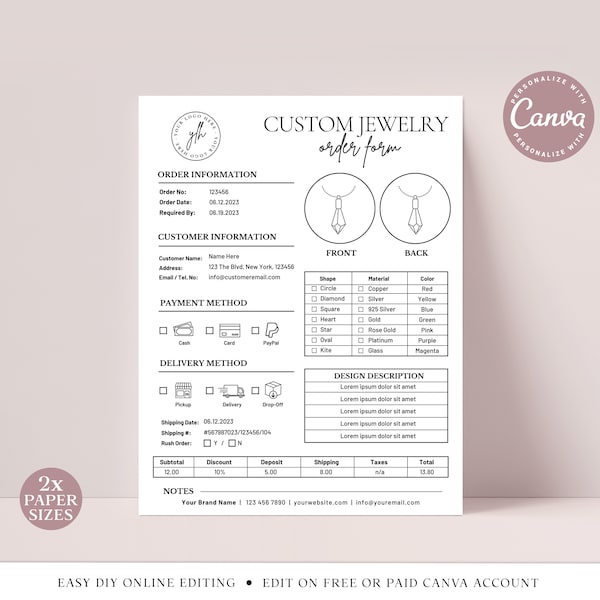 Jewelry Order Form CANVA Editable Template, 2 SIZES Printable Jewellery Order Form, Ornament Order Log, Small Business Order Forms SIC001