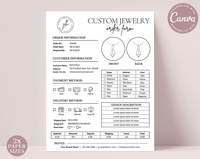 Jewelry Order Form CANVA Editable Template, 2 SIZES Printable Jewellery Order Form, Ornament ...