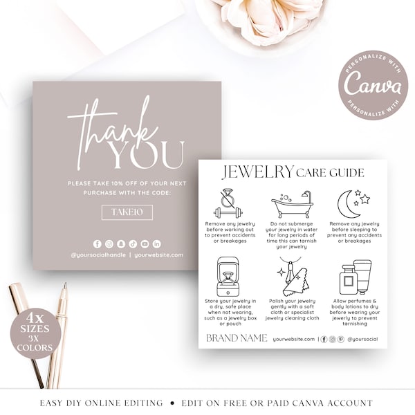 Jewelry Care Guide CANVA Editable Template, Handmade Jewelry Care Instructions, Printable Jewellery Care Insert for Etsy Business SDC002