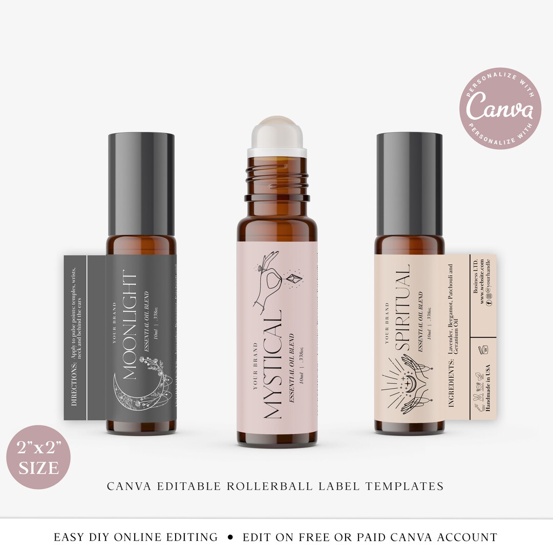 10ml Roller Bottle Label CANVA Editable Template, 2x2 Essential Oil