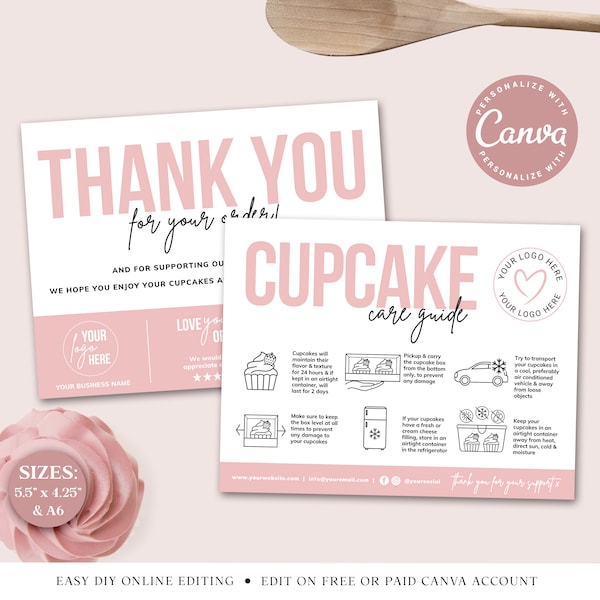 CANVA Cupcake Care Guide Editable Template, 2 SIZES, Printable Muffin Care Card, Cupcake Serving Instructions, Care Thank You Insert PDC001
