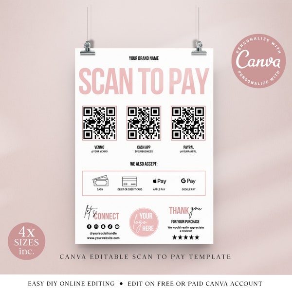 Payment Sign CANVA Editable Template, Minimalist DIY Edit Scan to Pay Poster, Printable Cash App Sign, We Accept Payment Sign PDC001