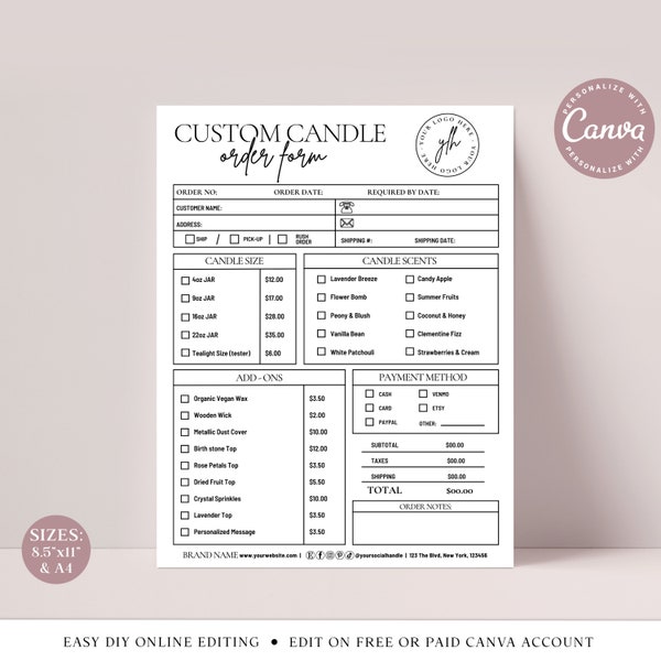 Candle Order Form CANVA Editable Template, 2 SIZES Printable Candle Invoice Design, Customizable Candle Scent Selection Form SIC001