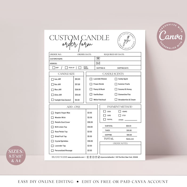 Candle Order Form CANVA Editable Template 2 SIZES Printable Etsy Candle Order Form CANVA Editable Template 2 SIZES Printable Etsy