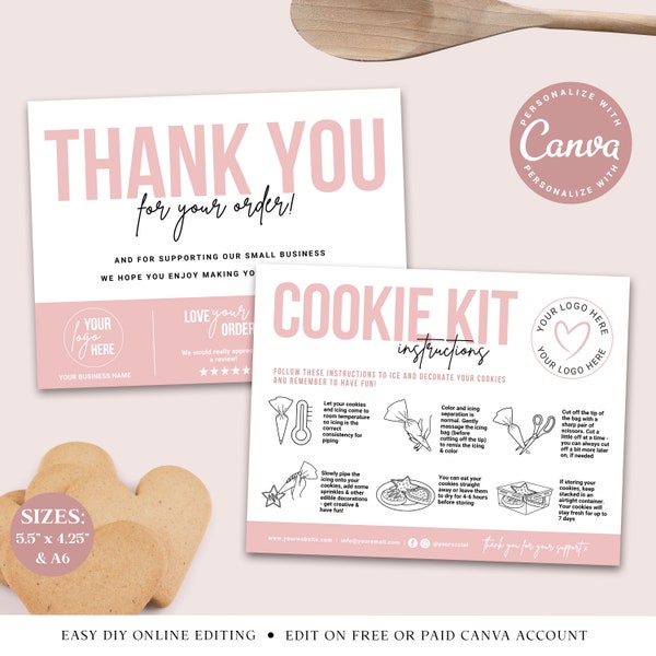 Cookie Kit Guide CANVA Editable Template, 2 SIZES, Printable DIY Cookie Card, Iced Biscuit Instructions Insert, Thank You Card PDC001