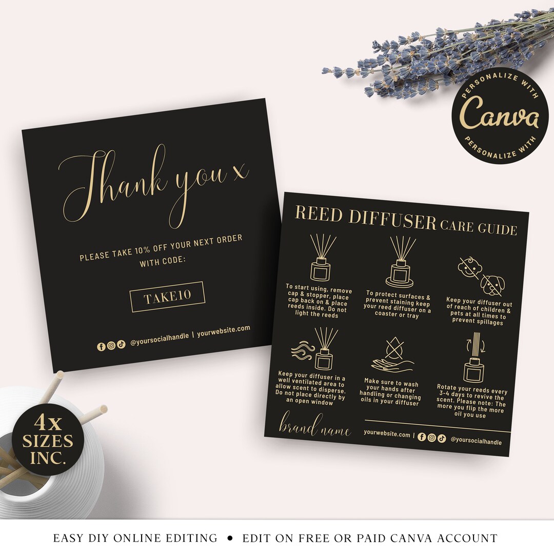Reed Diffuser Care Guide CANVA Editable Template, 4 SIZES Printable
