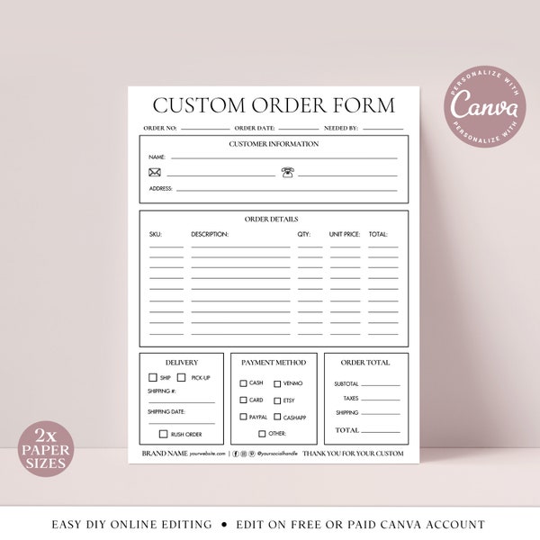 Order Form Editable Template, Crafters Order Form, Etsy Shop Craft Business Order Log, Small Business Order Forms, Instant Download SIC001