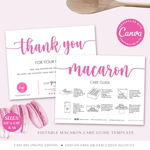 CANVA Macaron Care Guide Editable Template, 2 SIZES, Printable Macarons Care Card, Macaroon Serving Instructions, Thank You Insert PDC003