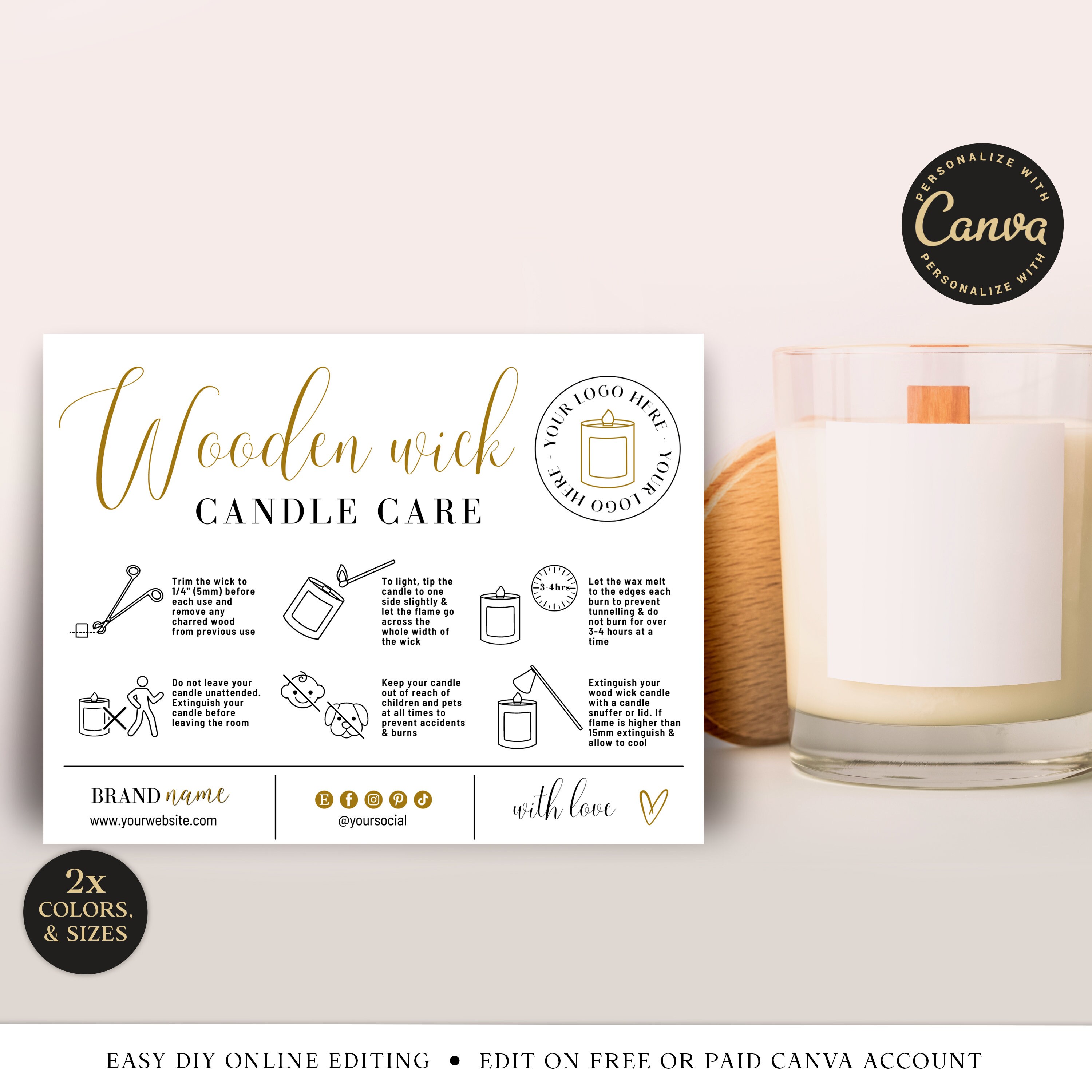 Wooden Wick Candle Care Card Template, Editable Candle Warning Guide,  Minimalist Woodenwick Candle Safety Instructions, Printable, M-002 
