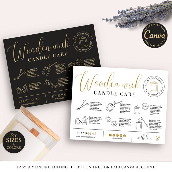 Wooden Wick Candle Care Guide CANVA Editable Template Bundle, Printable Wood Wick Candle Instructions, Candle Safety Card Insert BGC001