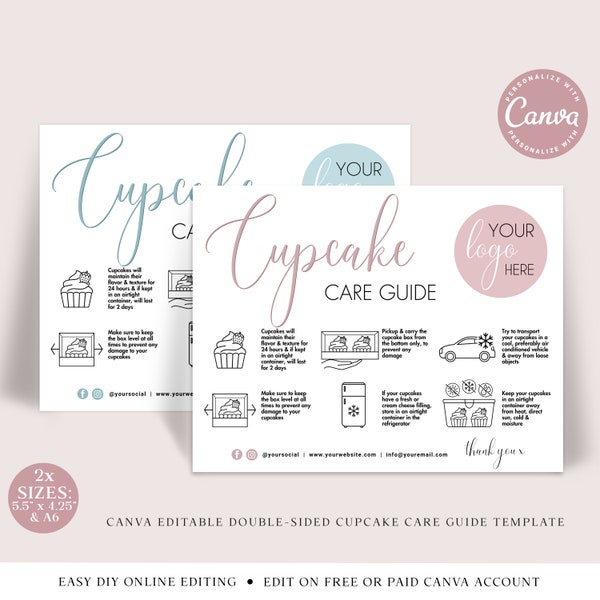 Cupcake Care Guide CANVA Editable Template, Printable Muffin Care Card, Simple Cupcake Serving Instructions, Care Thank You Insert MMC001